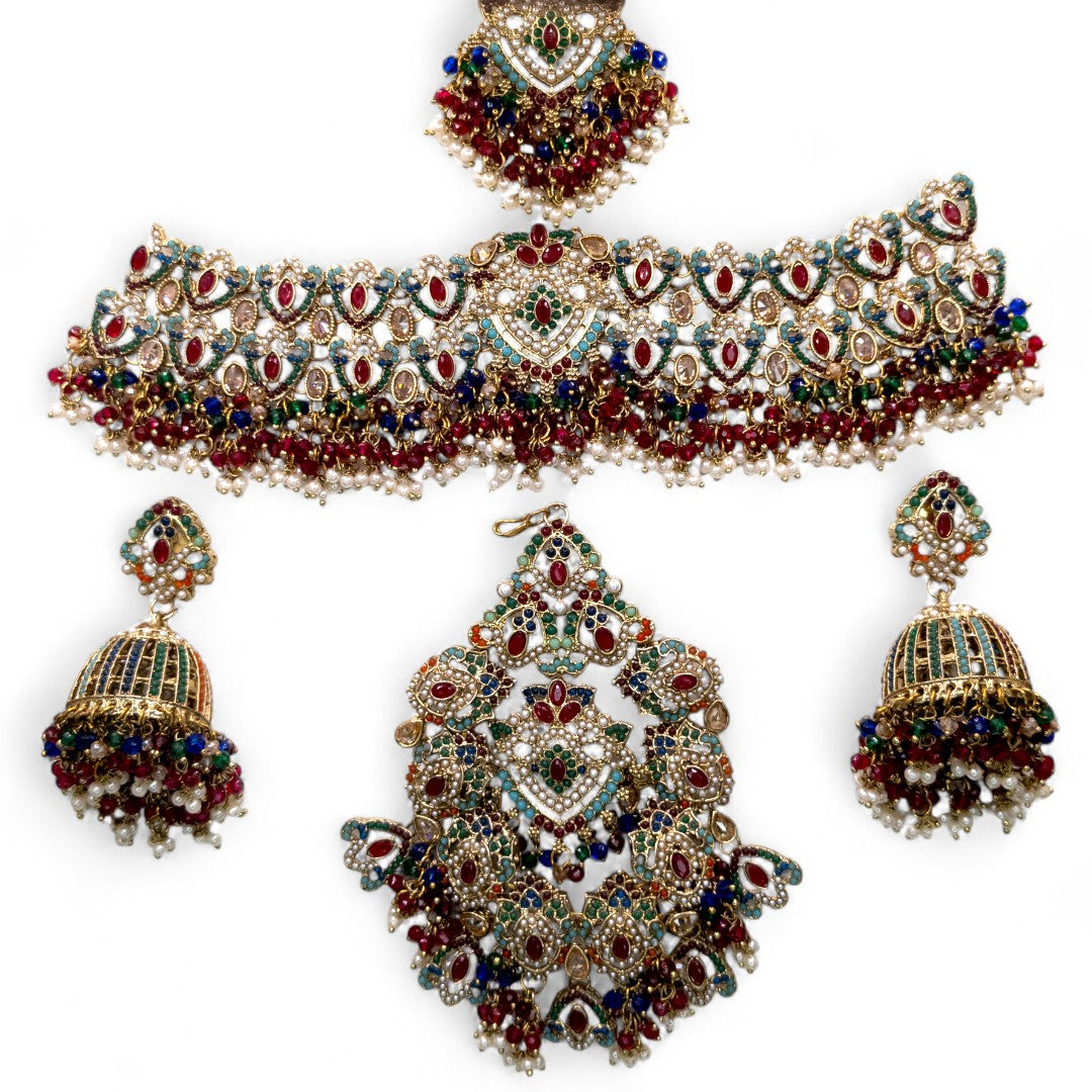 Polki Choker Halskette mit Ohrringe, Passa & Tikka - Multi Color