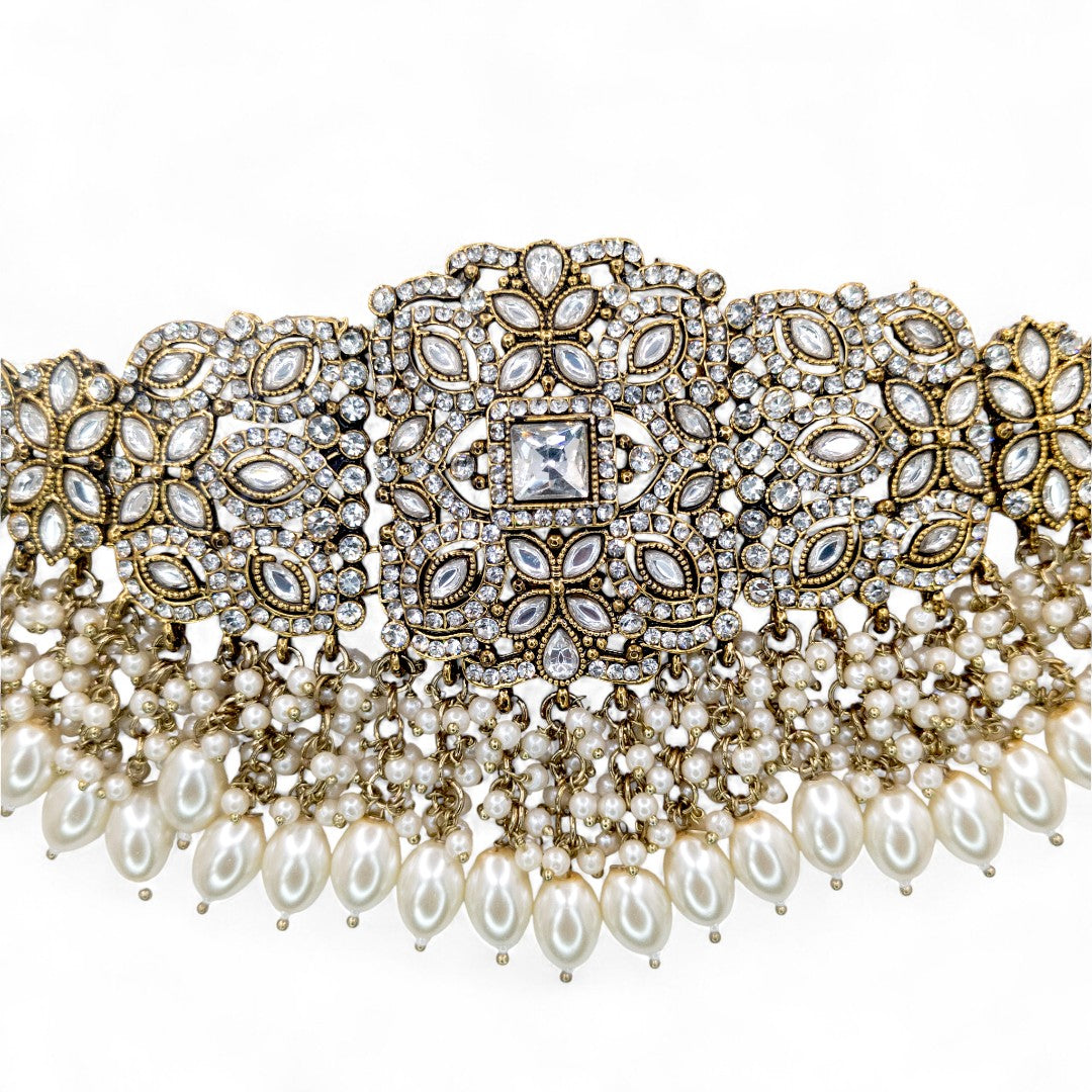 Polki Choker Halskette | mit Ohrringe & Tikka | gold ,weis