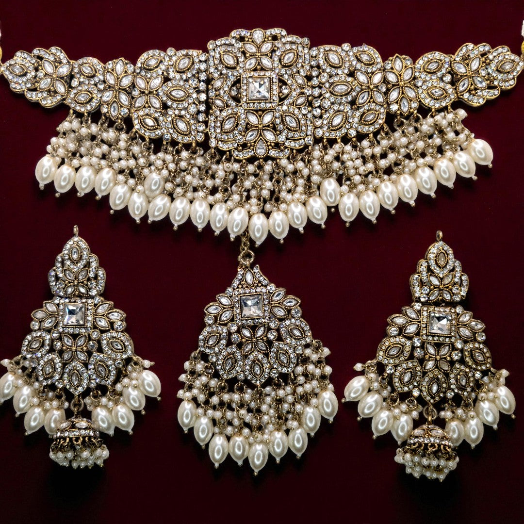 Polki Choker Halskette | mit Ohrringe & Tikka | gold ,weis