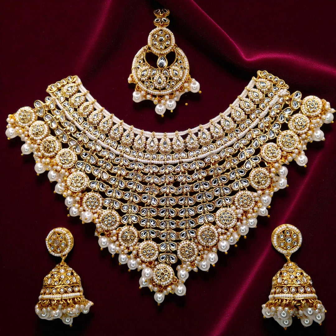 Kundan Halskette mit Ohrringe & Tikka - gold