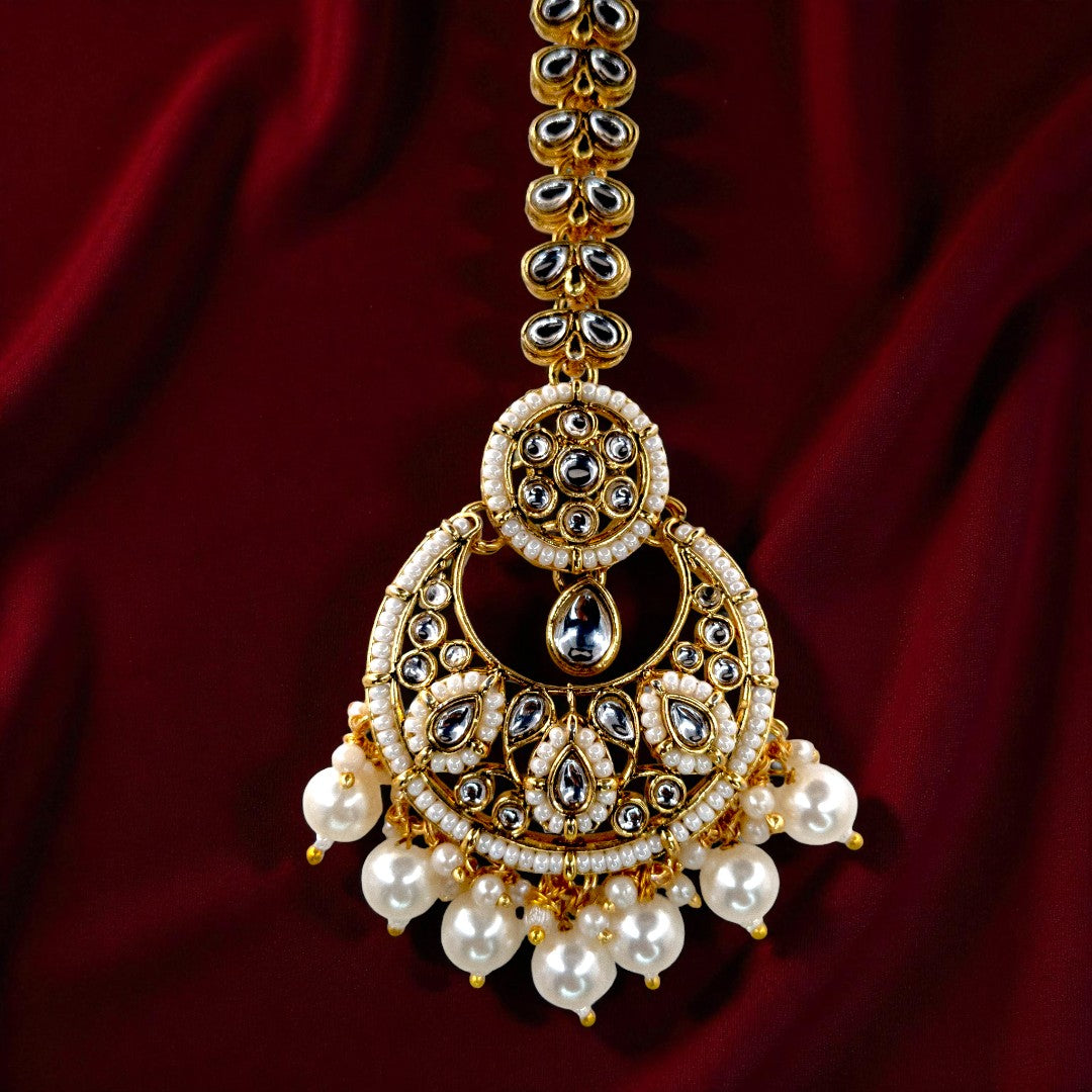 Kundan Halskette mit Ohrringe & Tikka - gold