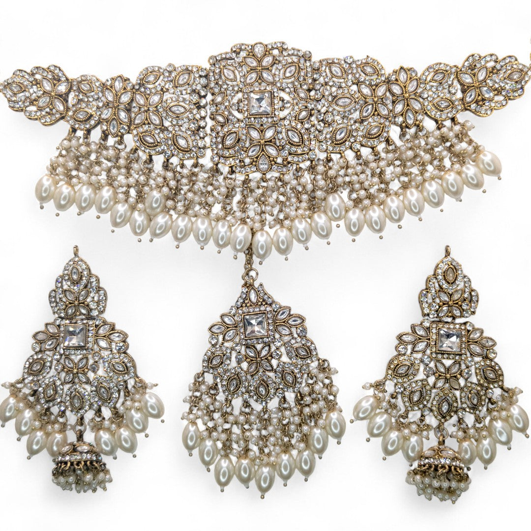 Polki Choker Halskette | mit Ohrringe & Tikka | gold ,weis