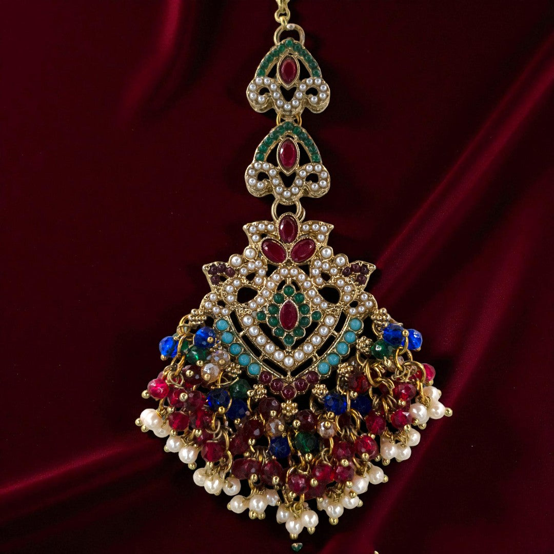 Polki Choker Halskette mit Ohrringe, Passa & Tikka - Multi Color