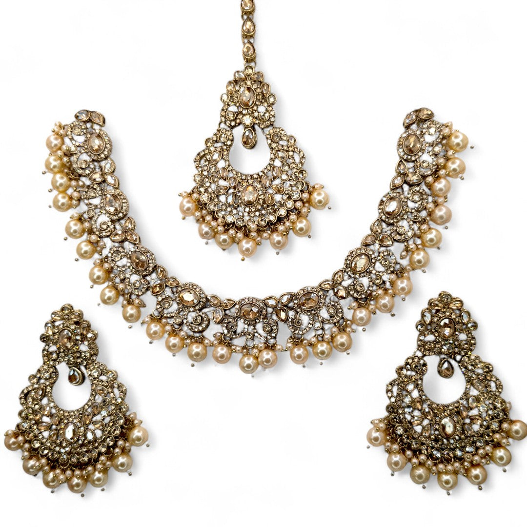 Polki Halskette mit Ohrringe & Tikka - gold