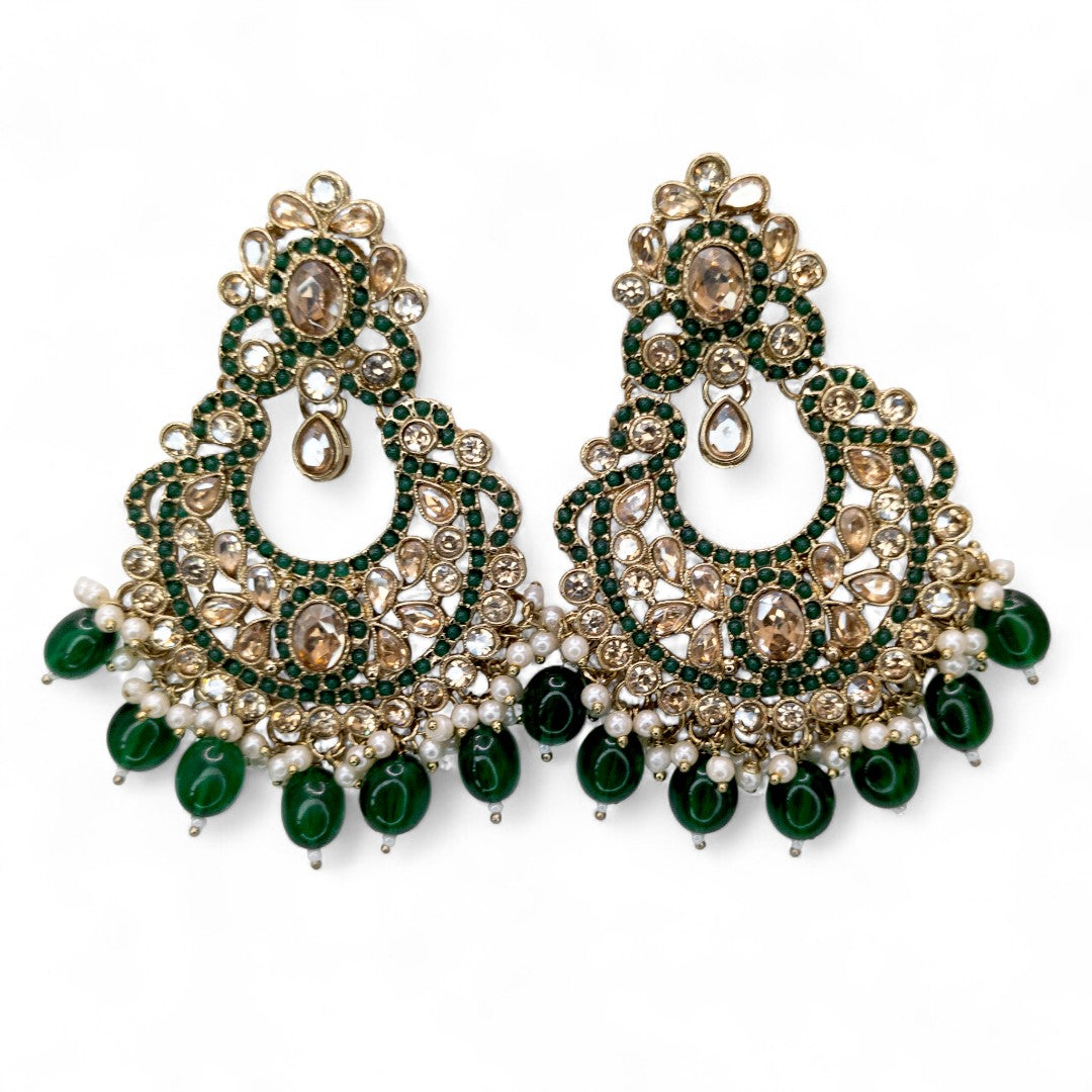 Polki Halskette mit Ohrringe & Tikka - gold | grün