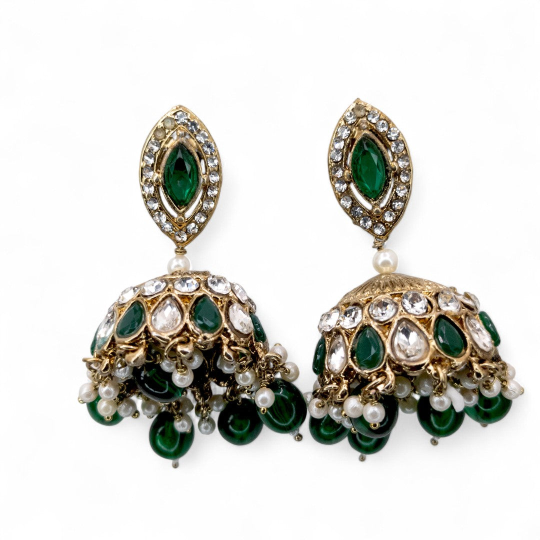 Polki Halskette mit Ohrringe & Tikka - gold | grün