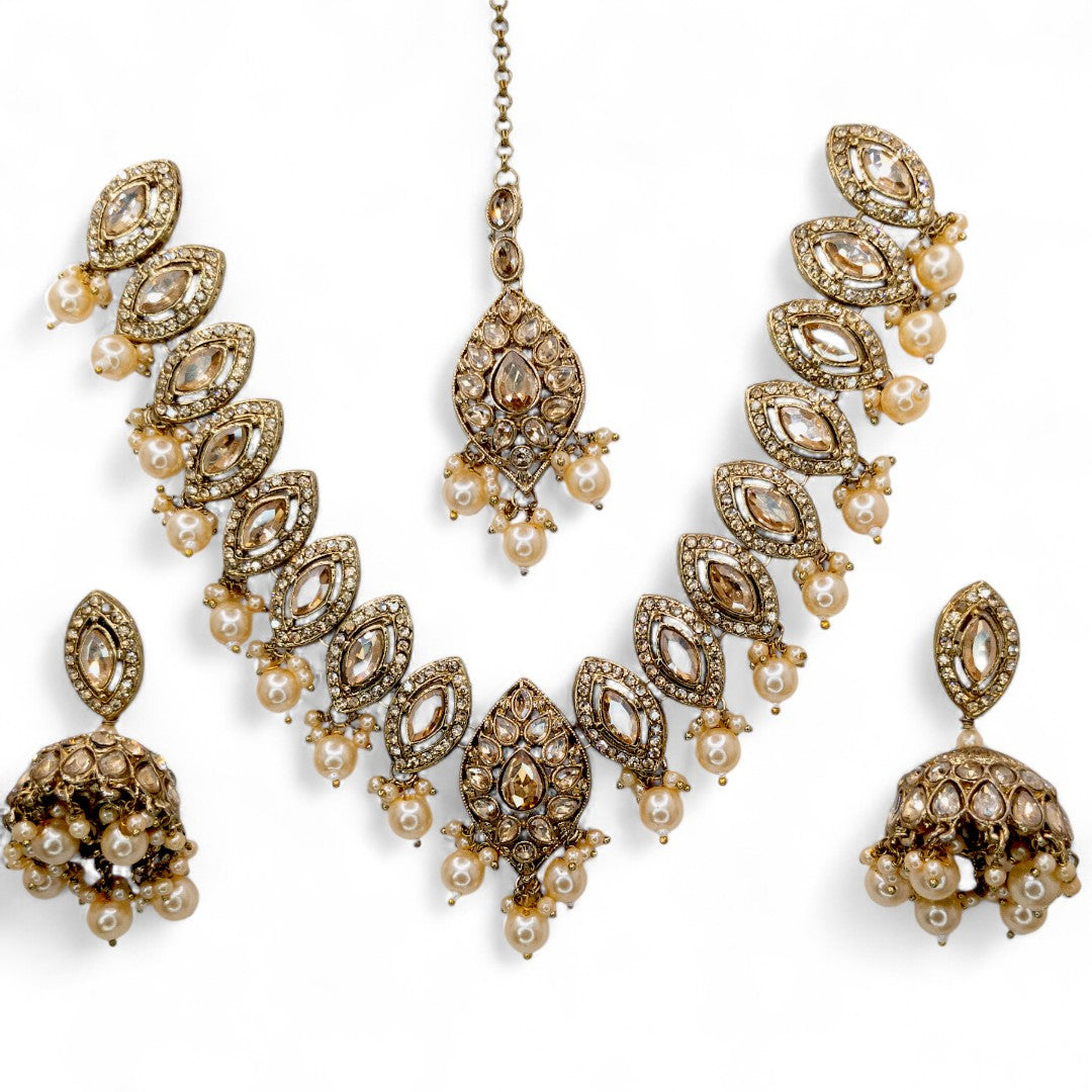 Polki Halskette mit Ohrringe & Tikka - gold