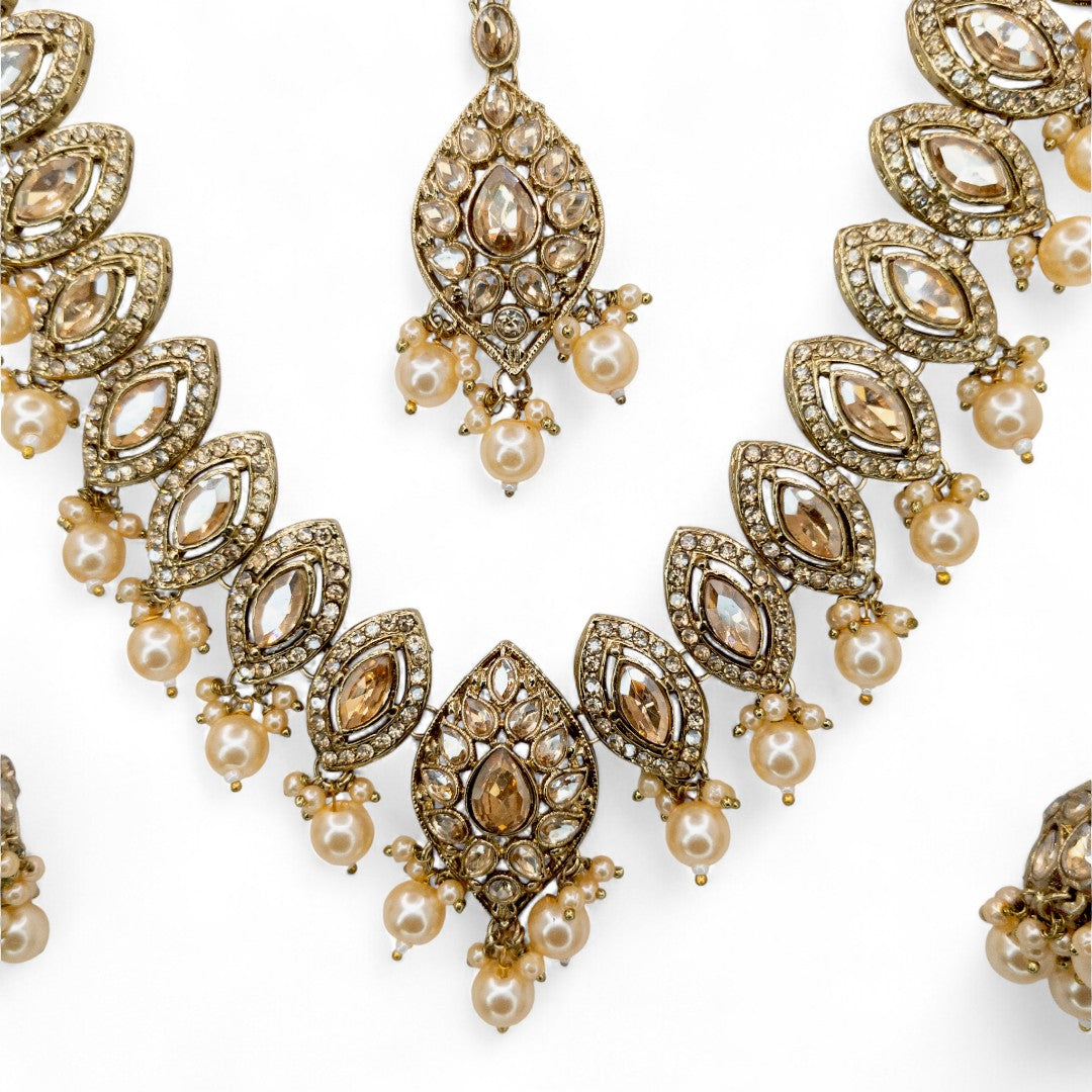 Polki Halskette mit Ohrringe & Tikka - gold