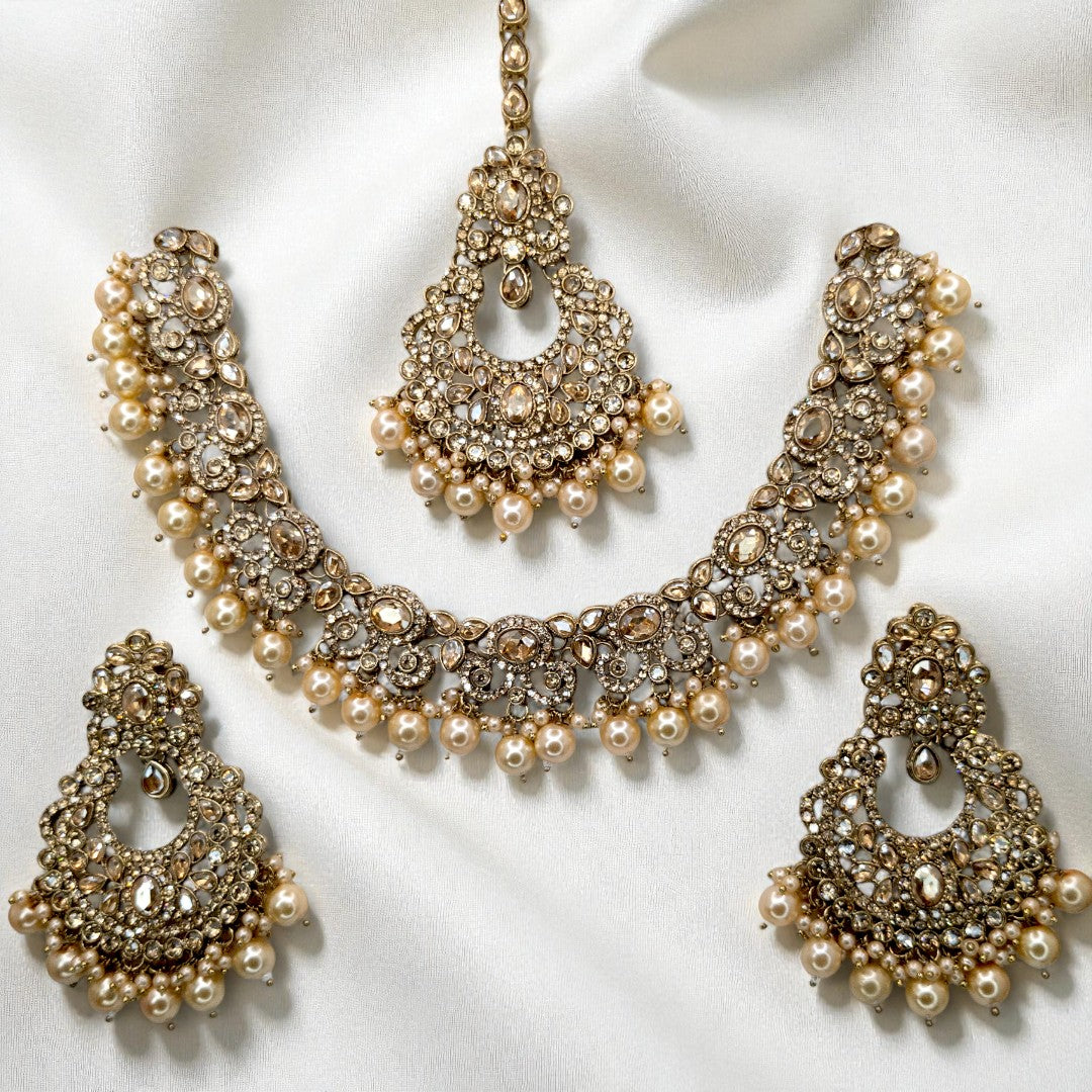 Polki Halskette mit Ohrringe & Tikka - gold