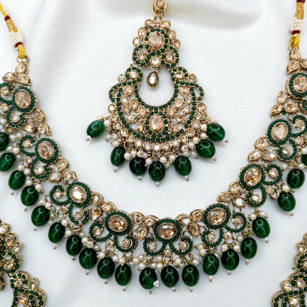 Polki Halskette mit Ohrringe & Tikka - gold | grün
