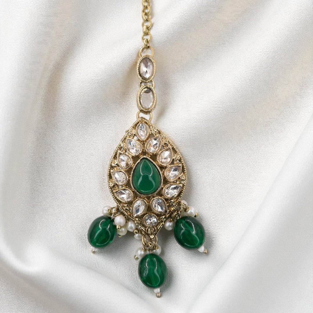 Polki Halskette mit Ohrringe & Tikka - gold | grün