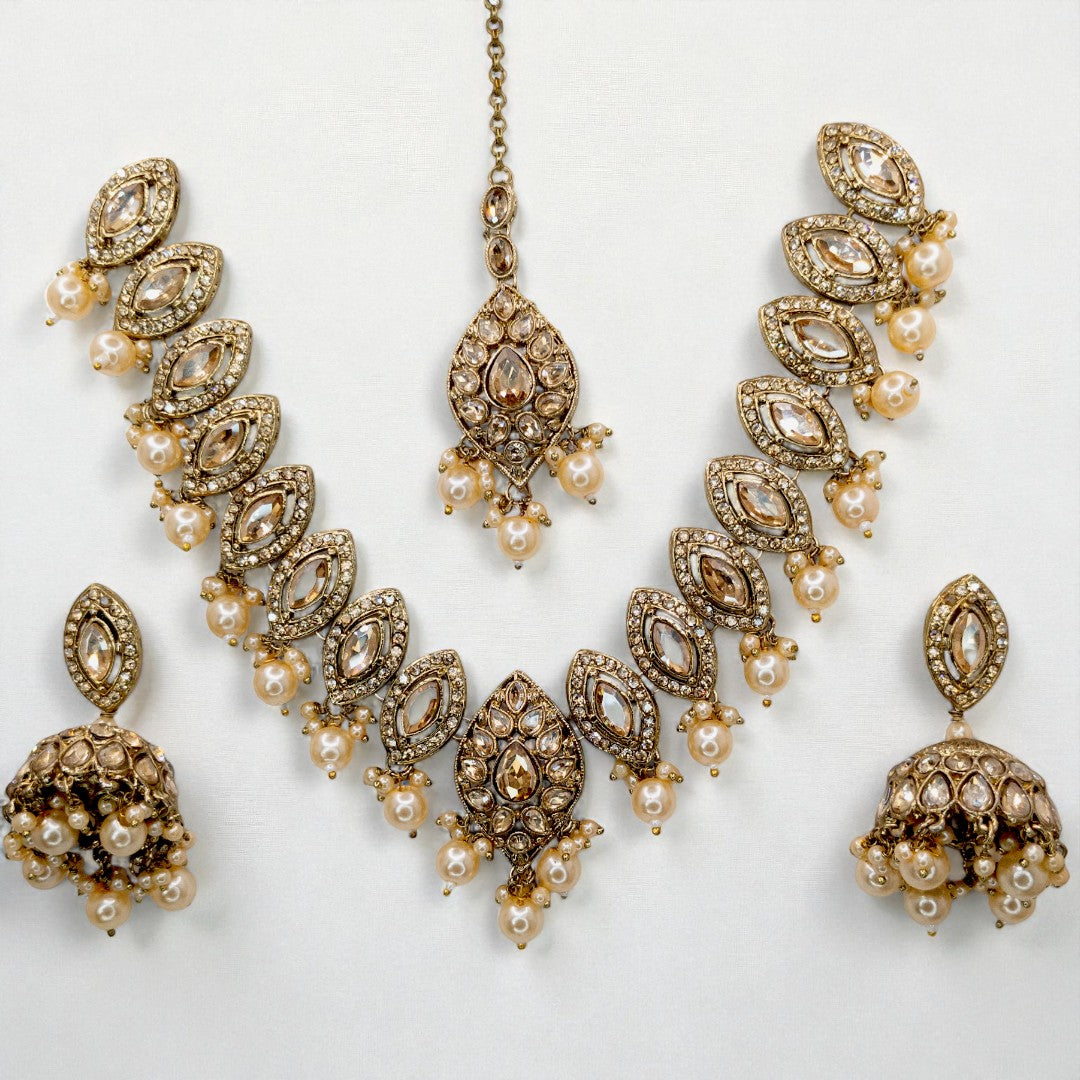 Polki Halskette mit Ohrringe & Tikka - gold