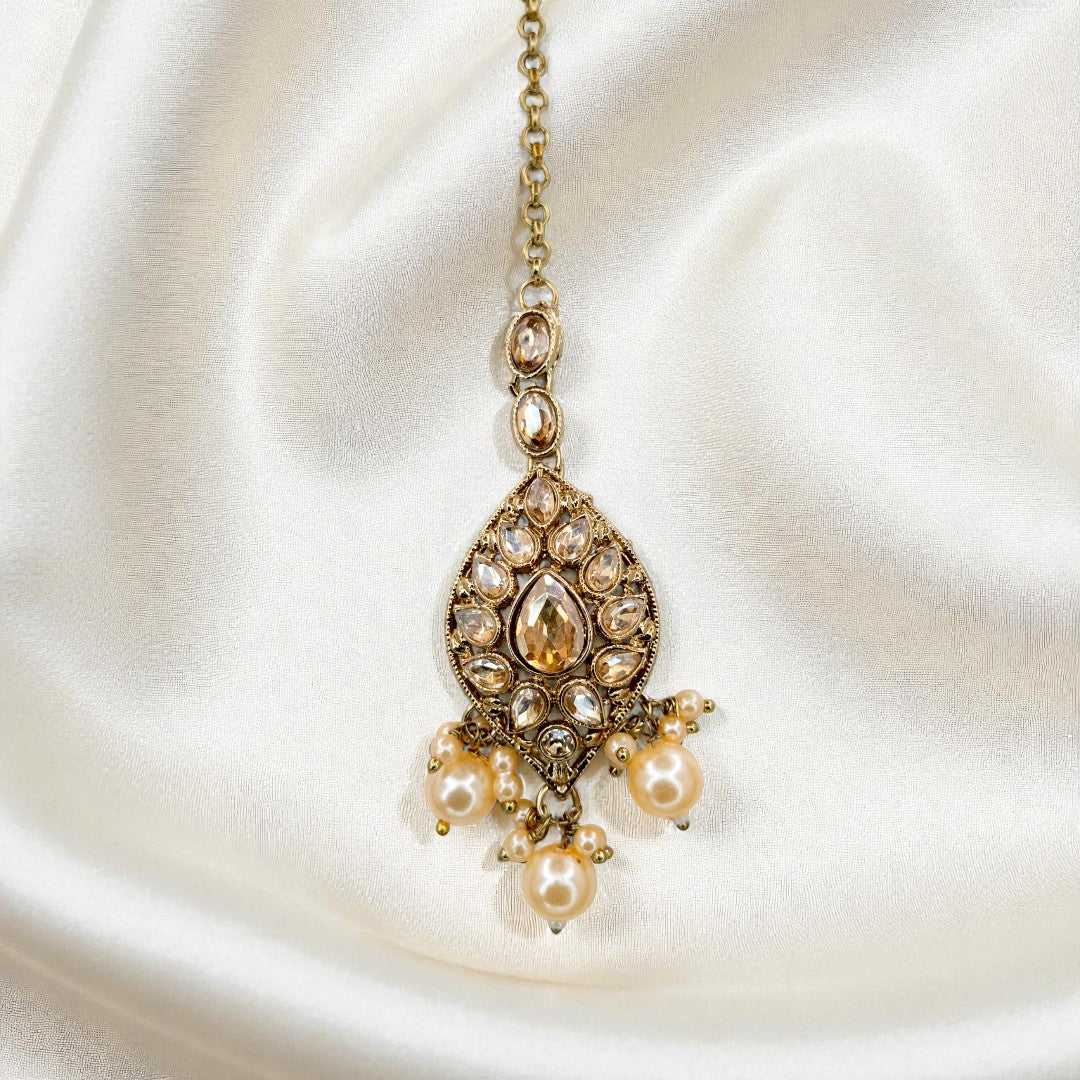 Polki Halskette mit Ohrringe & Tikka - gold