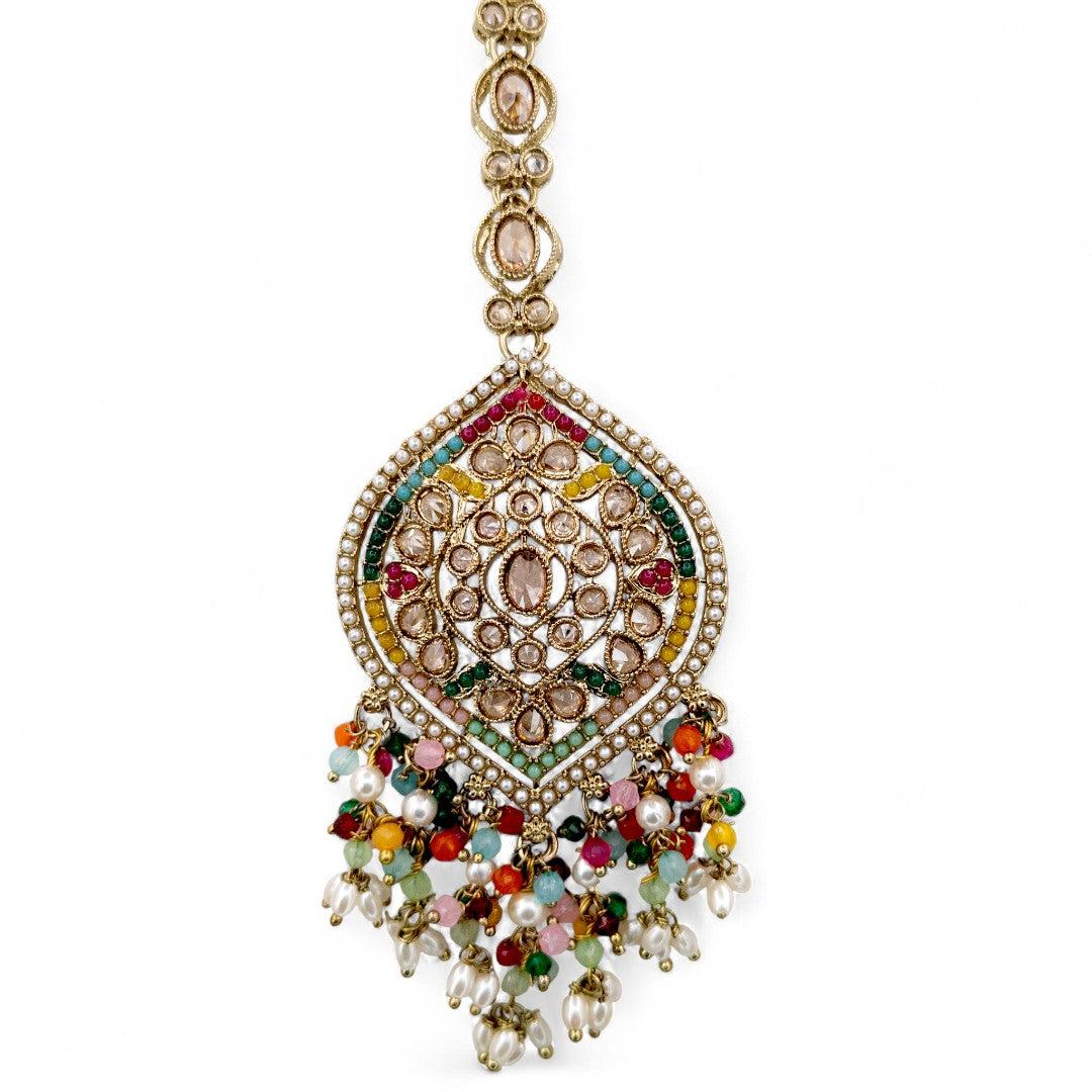 Polki Halskette mit Ohrringe & Tikka - Multi color