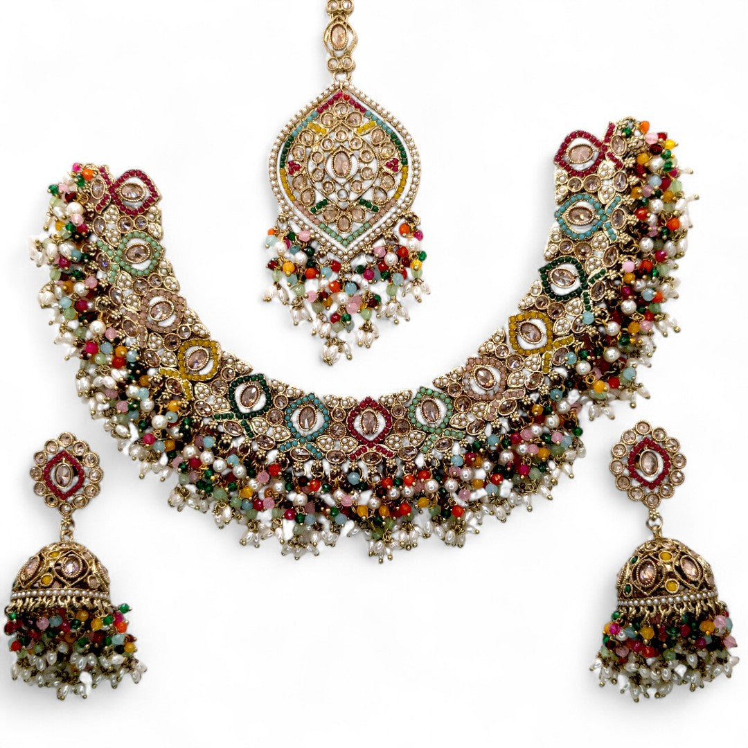 Polki Halskette mit Ohrringe & Tikka - Multi color