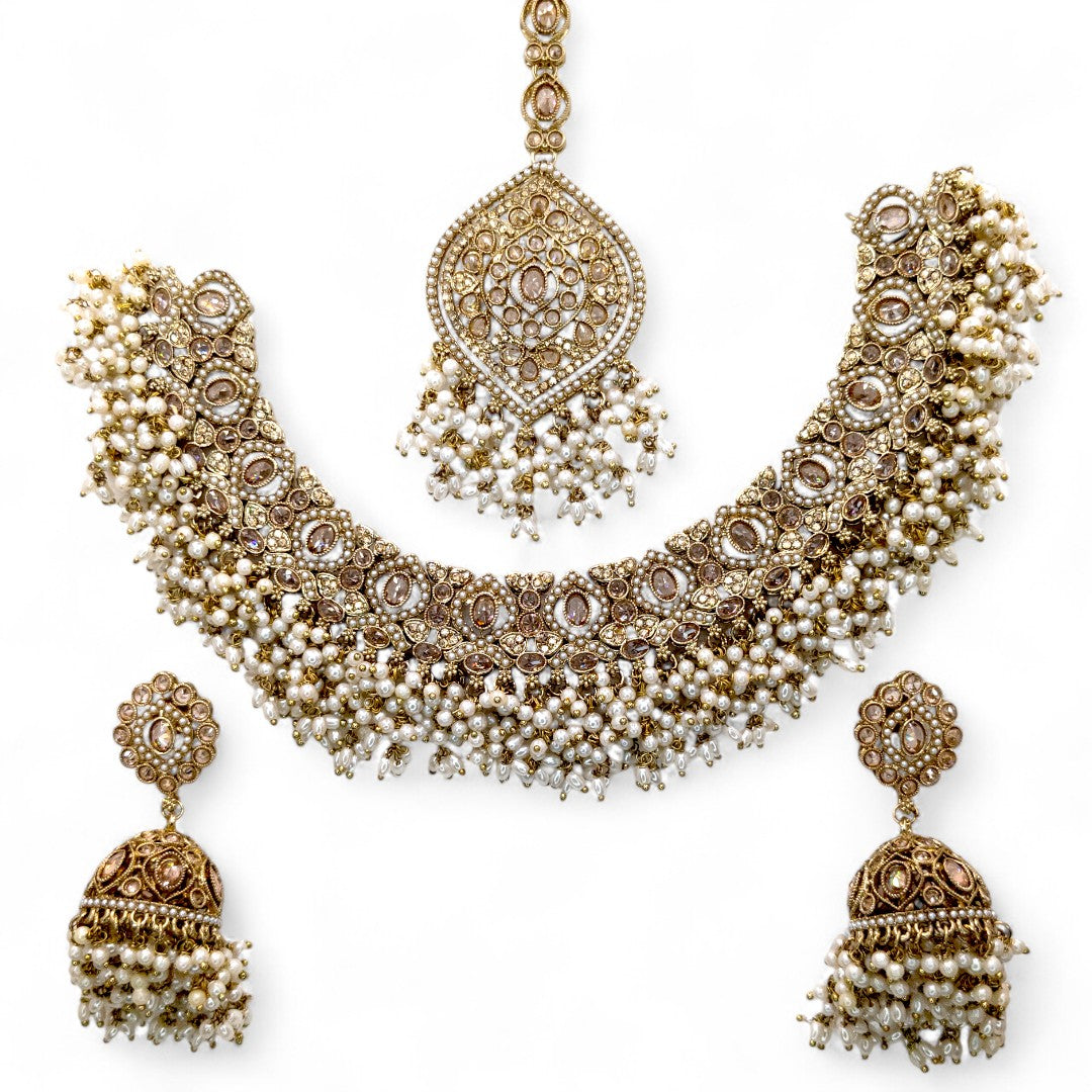Polki Halskette mit Ohrringe & Tikka - gold