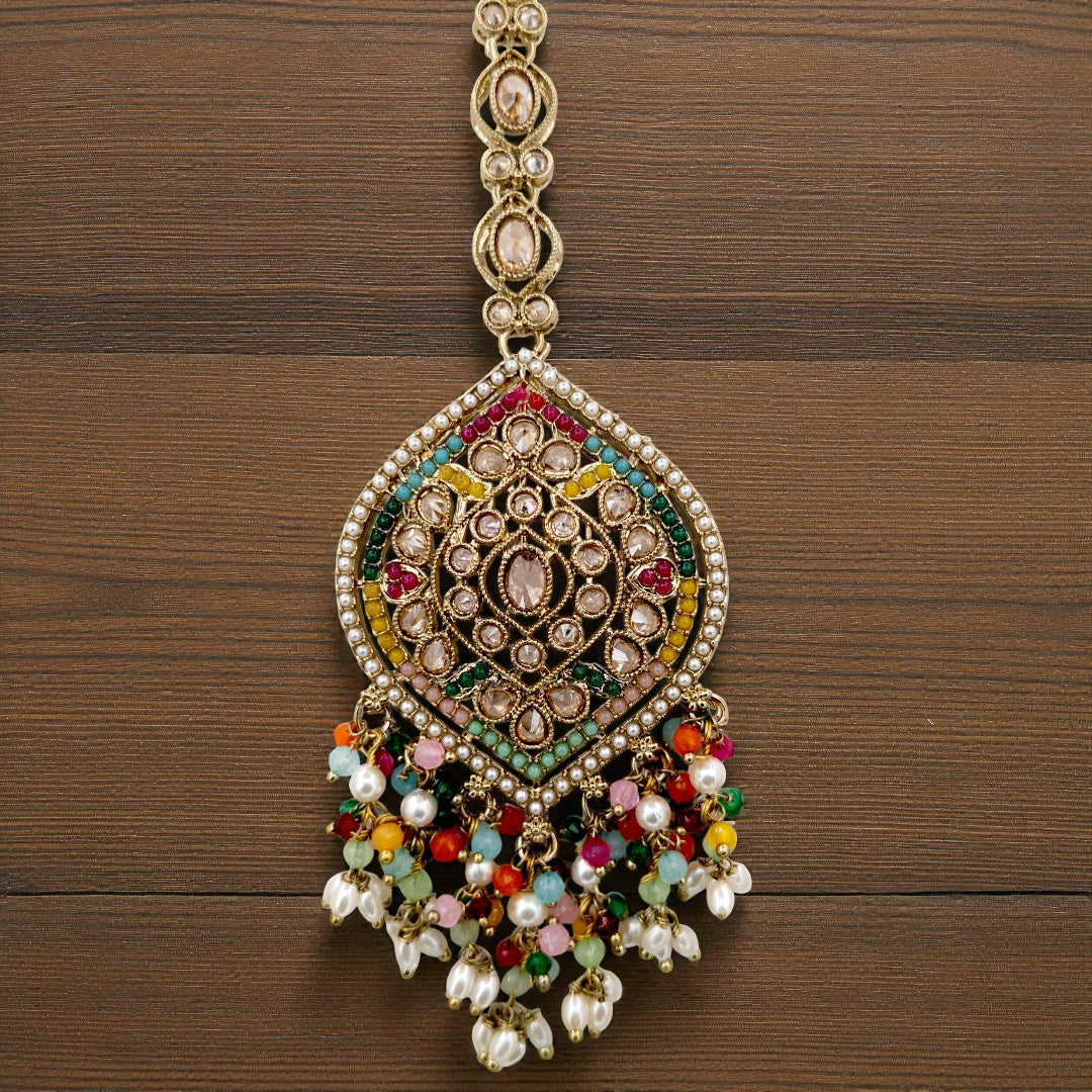 Polki Halskette mit Ohrringe & Tikka - Multi color