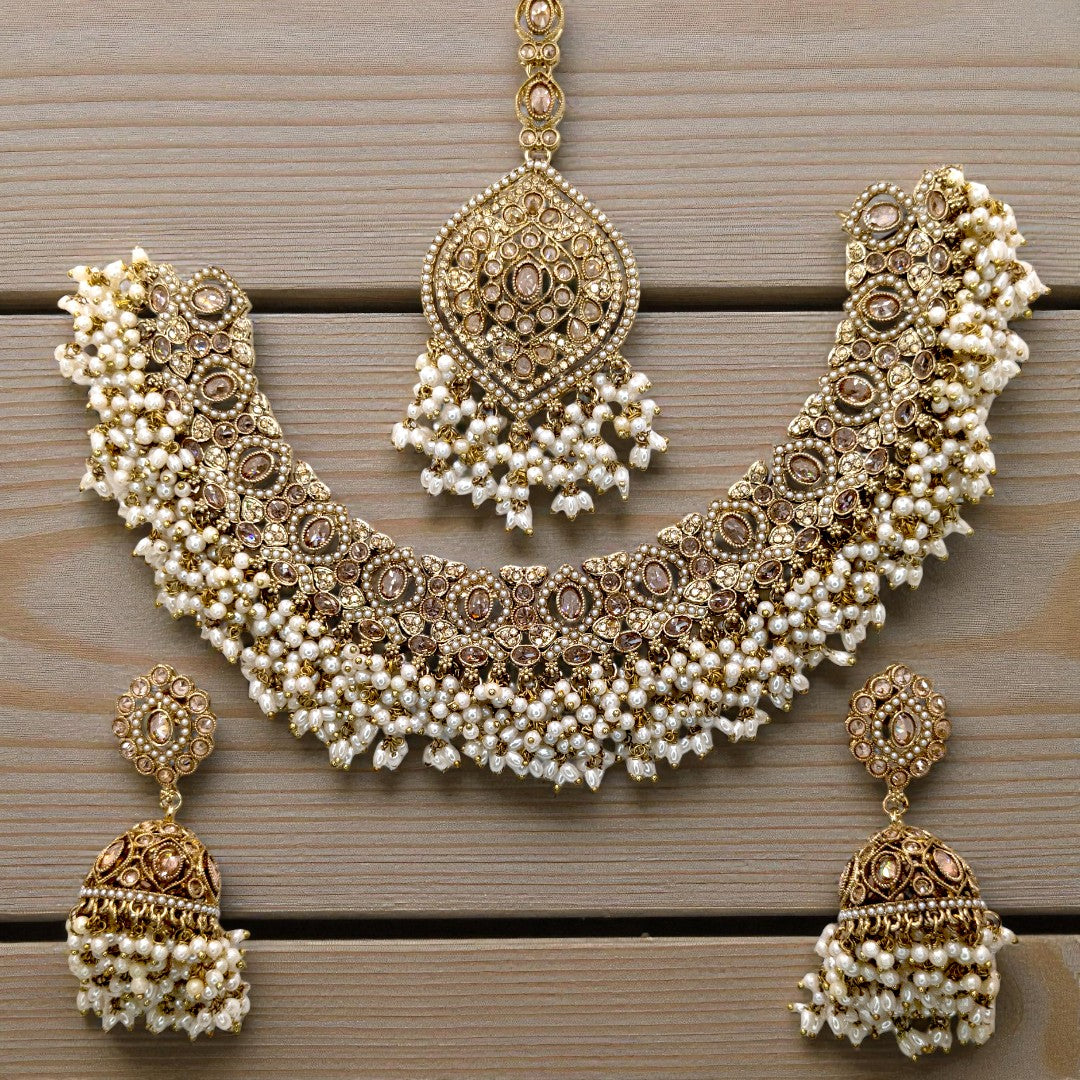 Polki Halskette mit Ohrringe & Tikka - gold