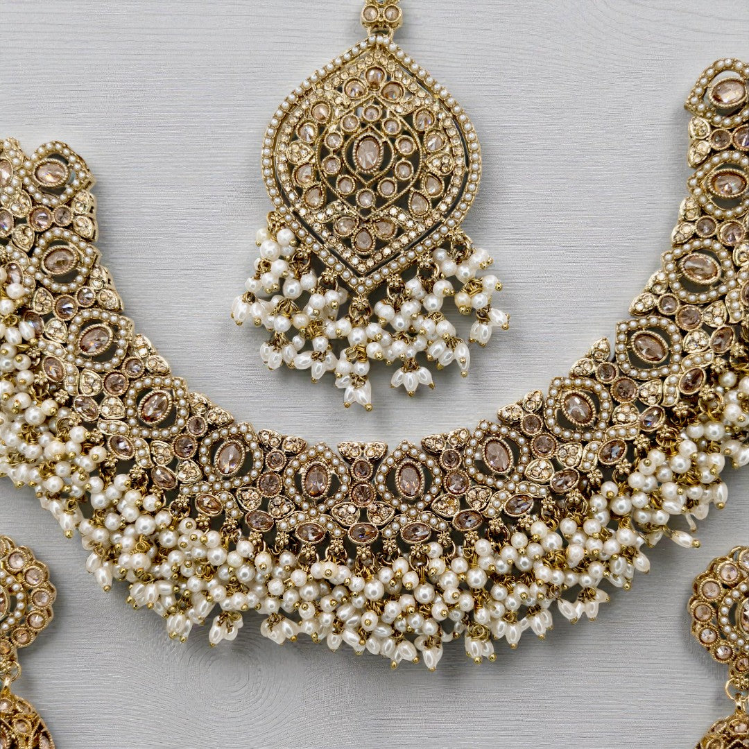 Polki Halskette mit Ohrringe & Tikka - gold