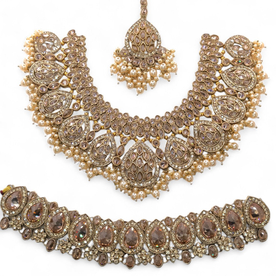Polki Choker Halskette  & Halskette mit Ohrringe , Tikka - gold | Braut