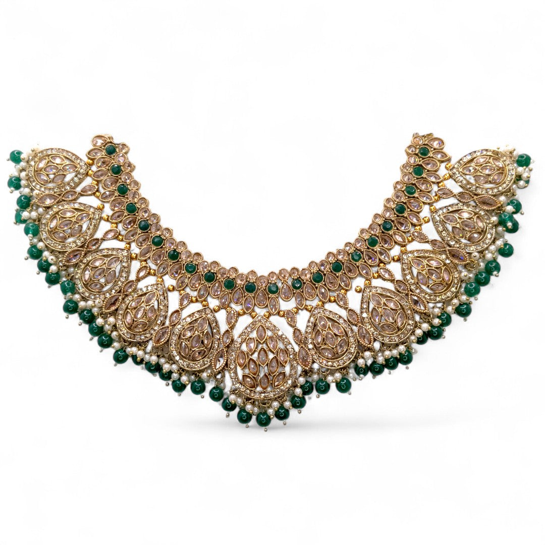 Polki Choker Halskette  & Halskette mit Ohrringe , Tikka - gold, grün | Braut