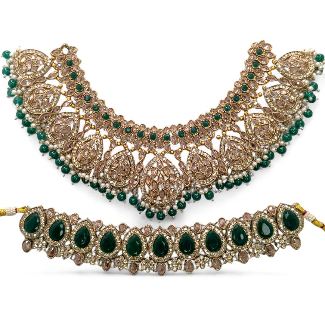 Polki Choker Halskette  & Halskette mit Ohrringe , Tikka - gold, grün | Braut