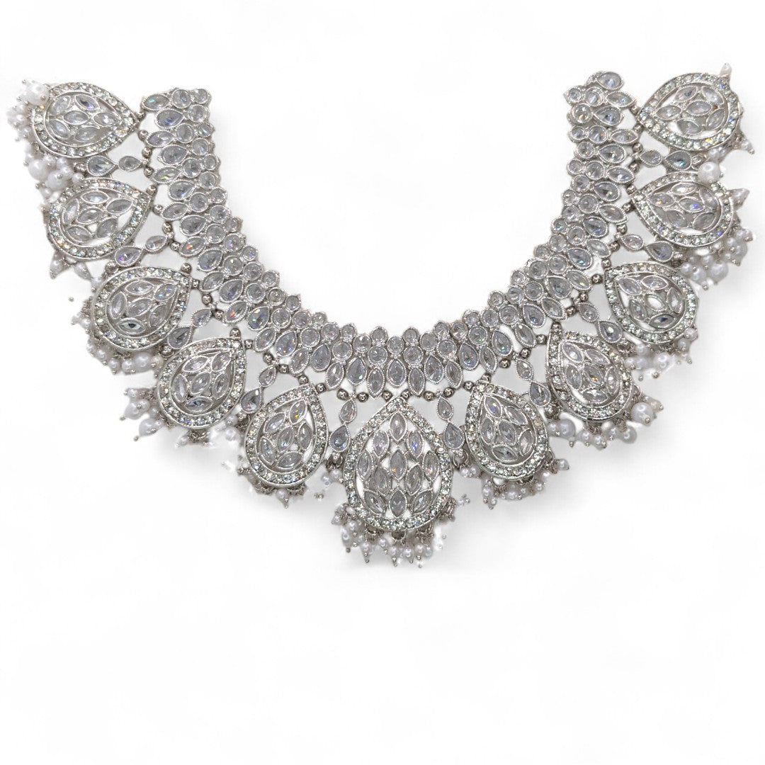Polki Choker Halskette  & Halskette mit Ohrringe , Tikka - silber | Braut