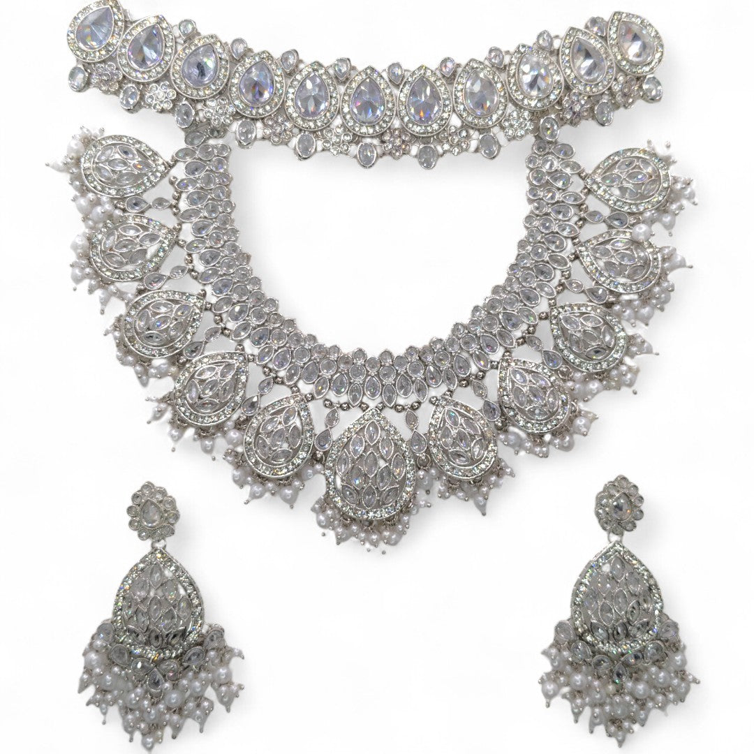 Polki Choker Halskette  & Halskette mit Ohrringe , Tikka - silber | Braut