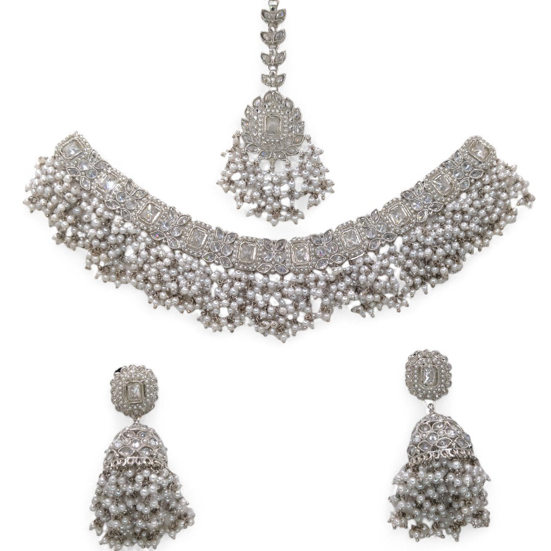 Polki Bridal Necklace with Earrings &amp; Tikka - Silver