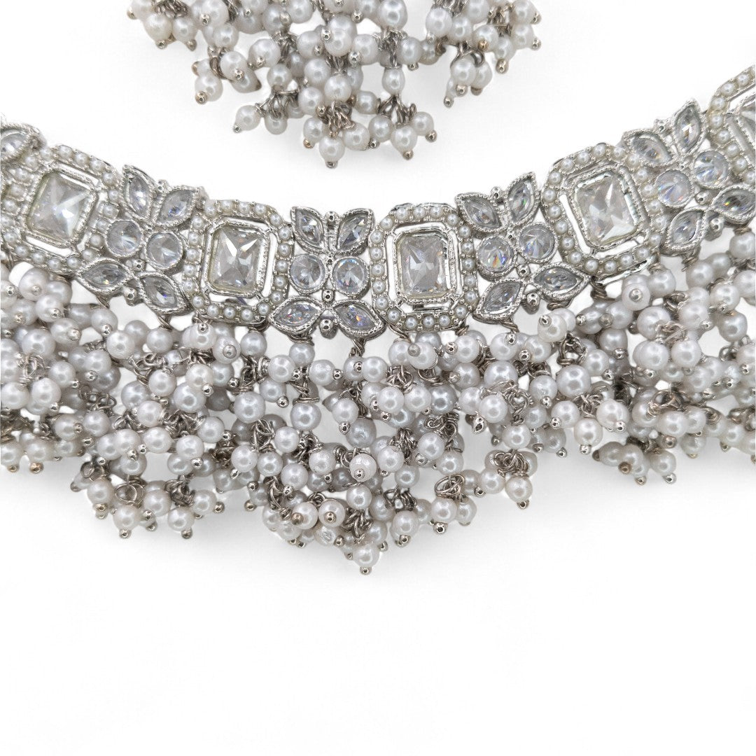 Polki Bridal Necklace with Earrings &amp; Tikka - Silver