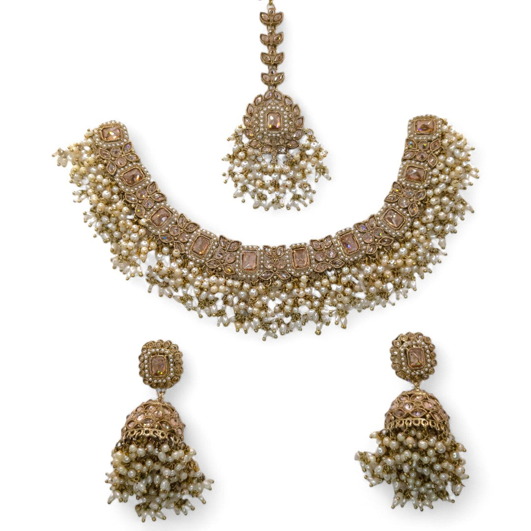 Polki Bridal Necklace with Earrings &amp; Tikka - Silver