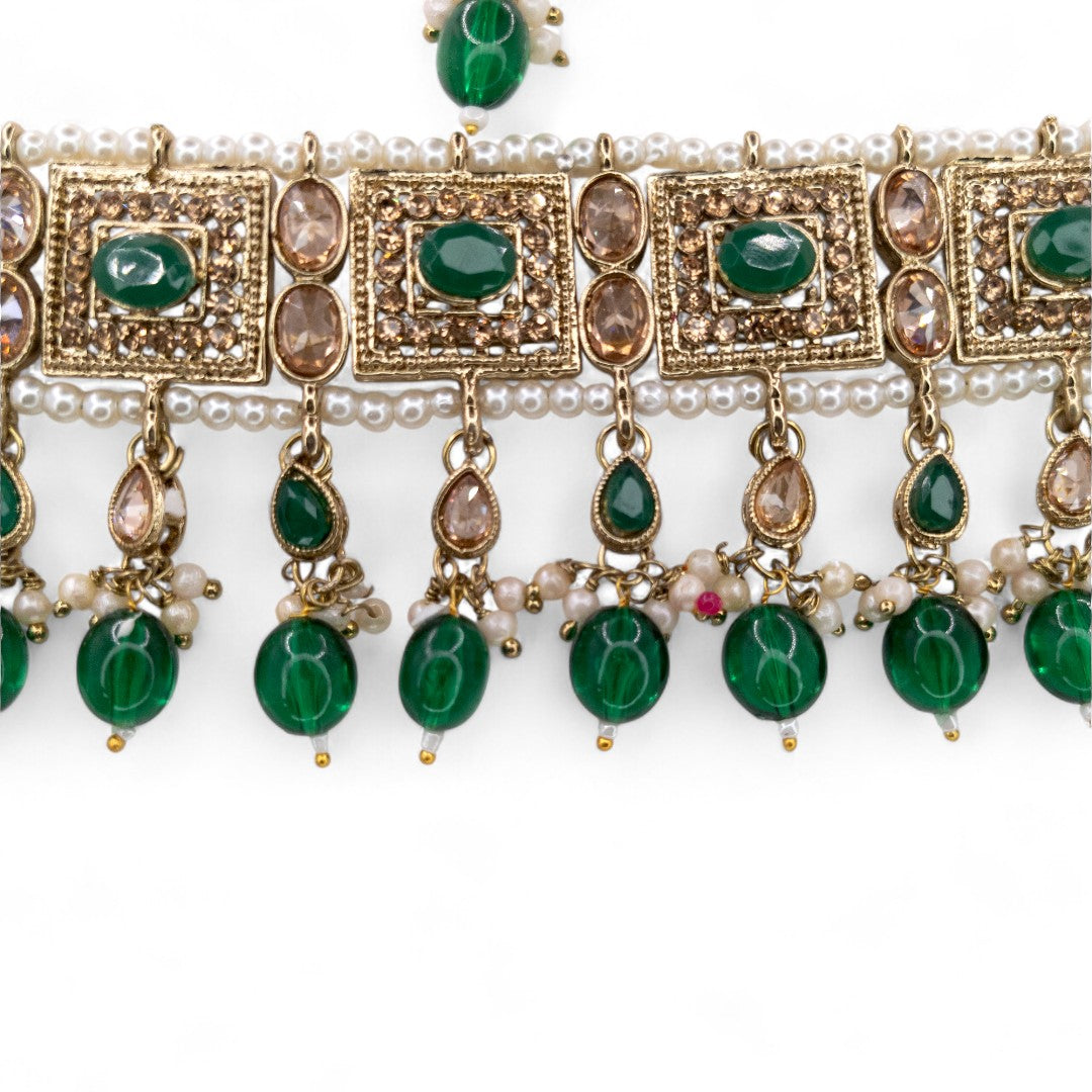 Polki Gold Choker Halskette | mit Ohrringe & Tikka | gold, grün