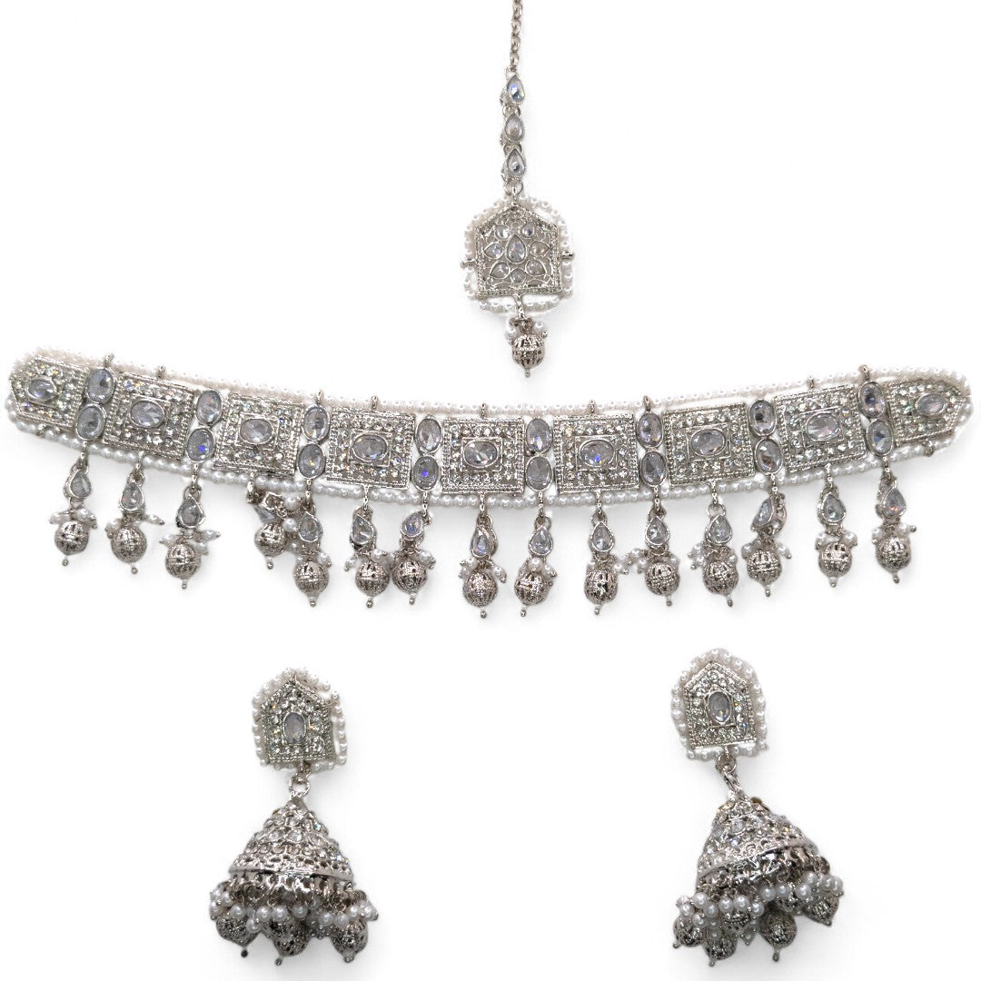 Polki Gold Choker Halskette | mit Ohrringe & Tikka | silber