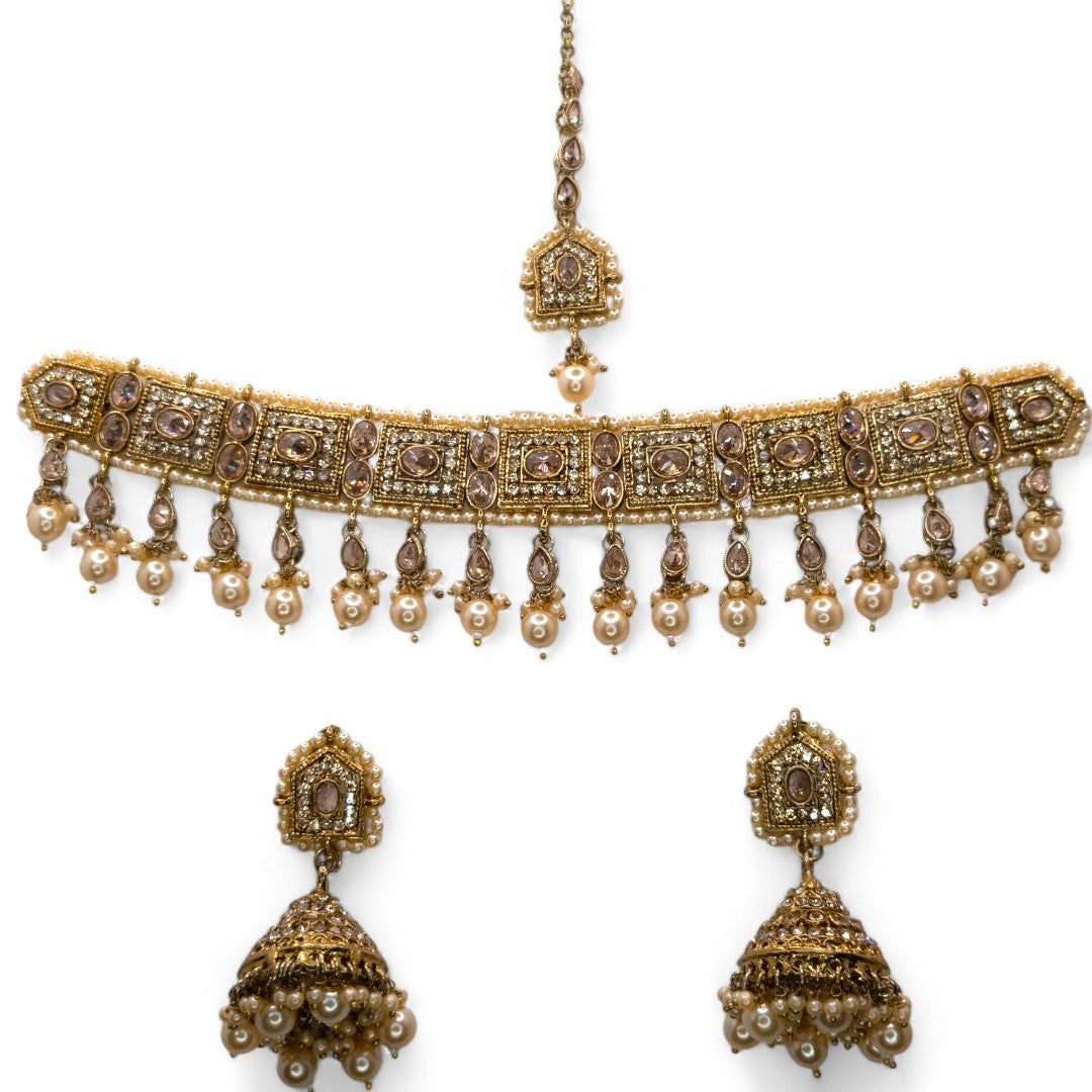 Polki Silver Choker Necklace | with Earrings &amp; Tikka