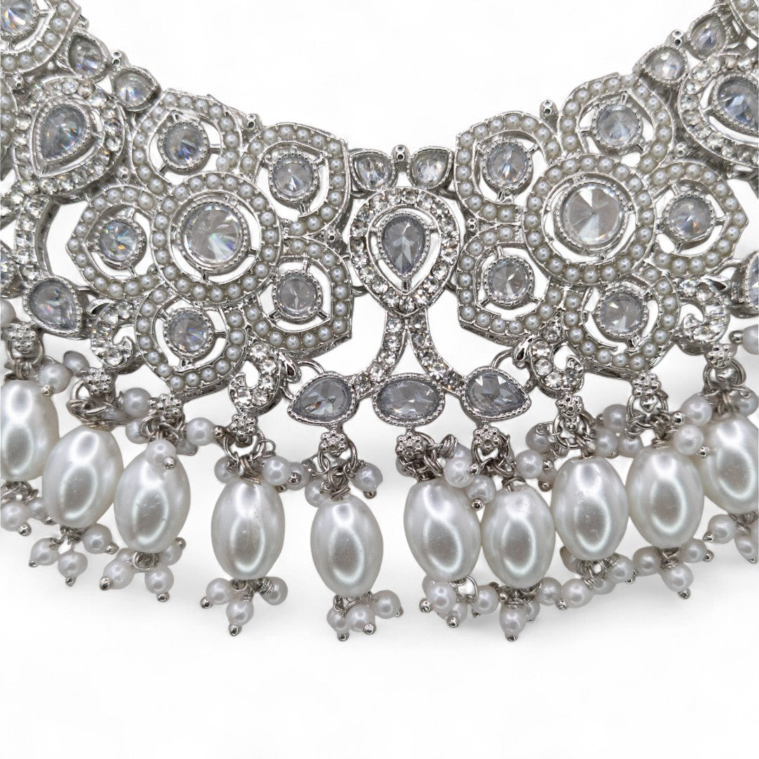 Polki Choker Halskette mit Ohrringe, Passa & Tikka - silber (Braut Schmuck)