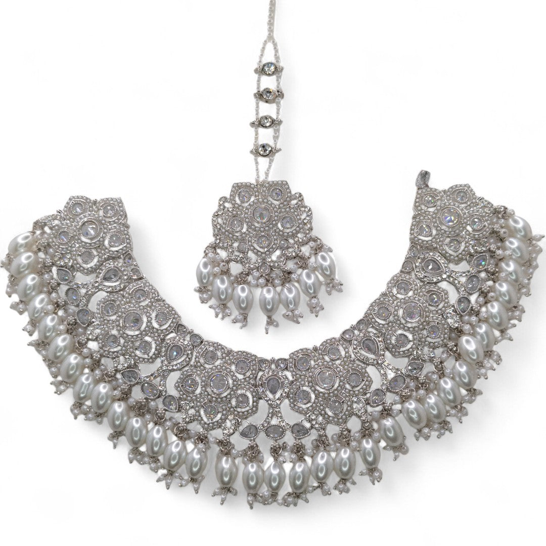 Polki Choker Halskette mit Ohrringe, Passa & Tikka - silber (Braut Schmuck)