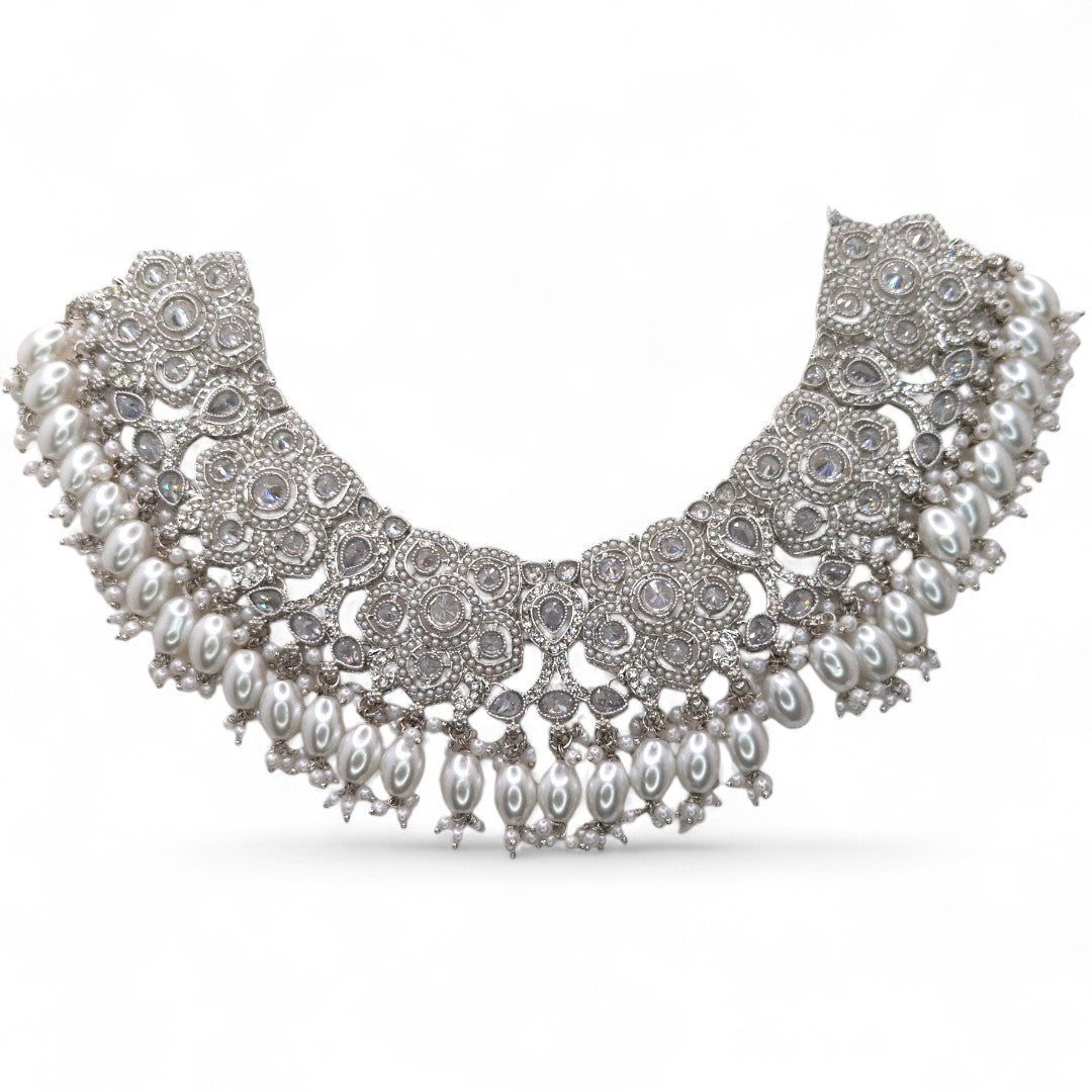 Polki Choker Halskette mit Ohrringe, Passa & Tikka - silber (Braut Schmuck)