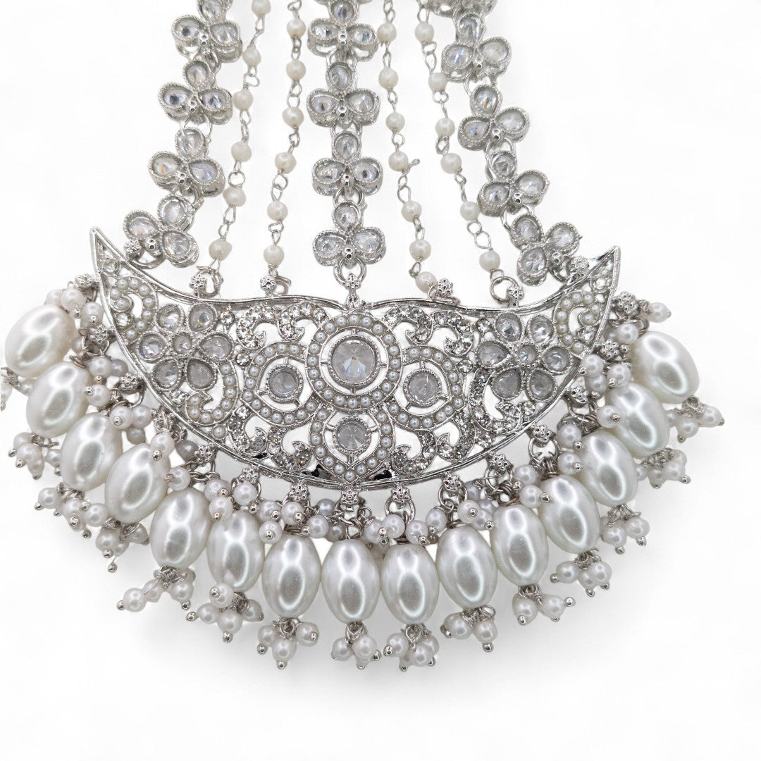 Polki Choker Halskette mit Ohrringe, Passa & Tikka - silber (Braut Schmuck)