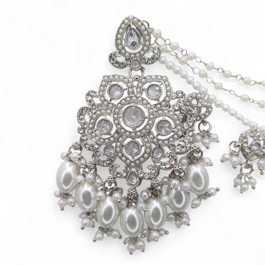 Polki Choker Halskette mit Ohrringe, Passa & Tikka - silber (Braut Schmuck)