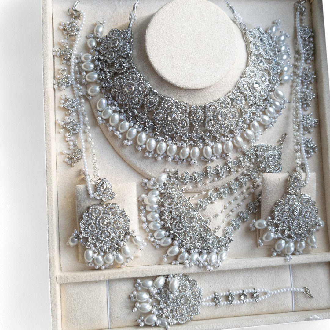 Polki Choker Halskette mit Ohrringe, Passa & Tikka - silber (Braut Schmuck)