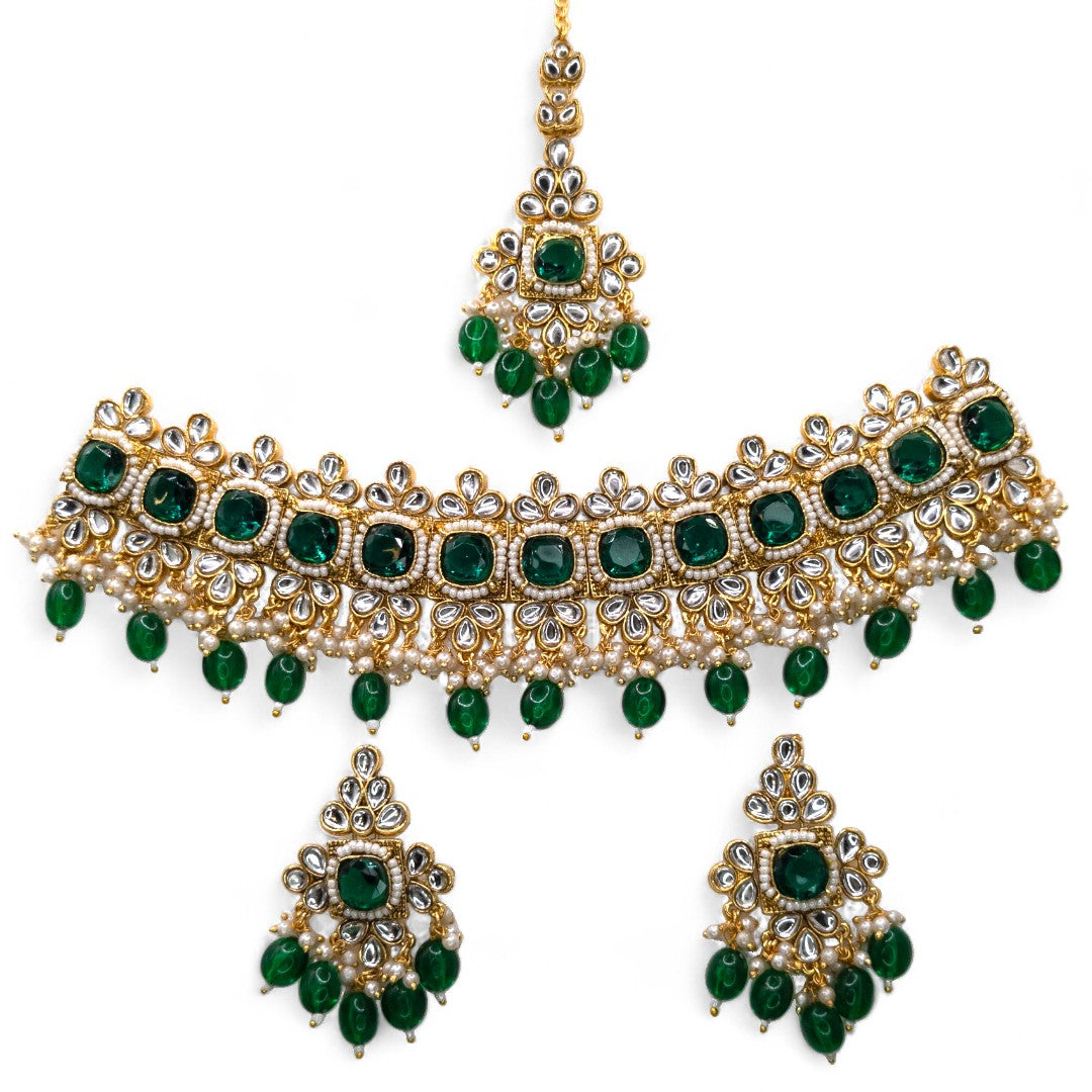 Polki Silver Choker Necklace | with Earrings &amp; Tikka