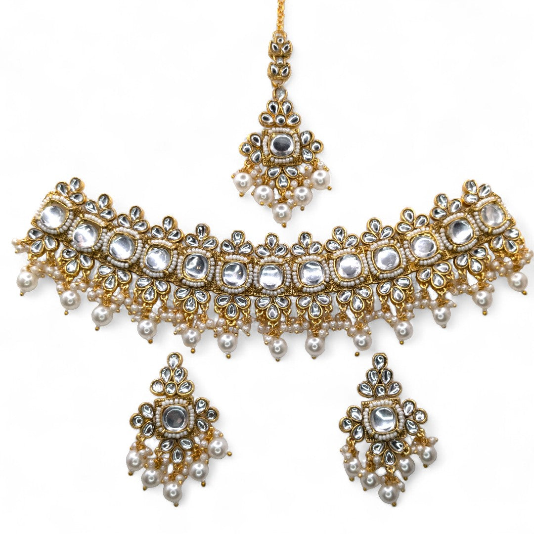 Polki Silver Choker Necklace | with Earrings &amp; Tikka
