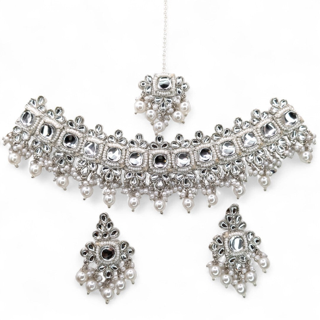 Polki Choker Halskette mit Ohrringe & Tikka | silber