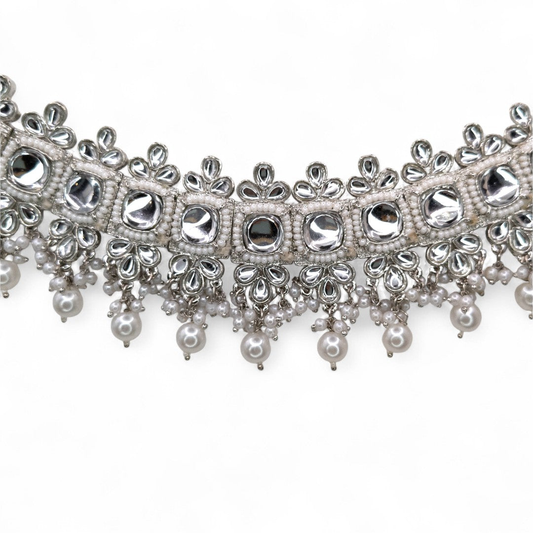 Polki Silver Choker Necklace | with Earrings &amp; Tikka