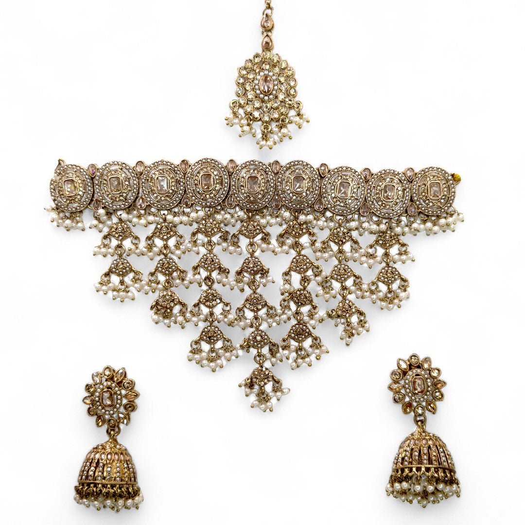Polki Silver Choker Necklace | with Earrings &amp; Tikka