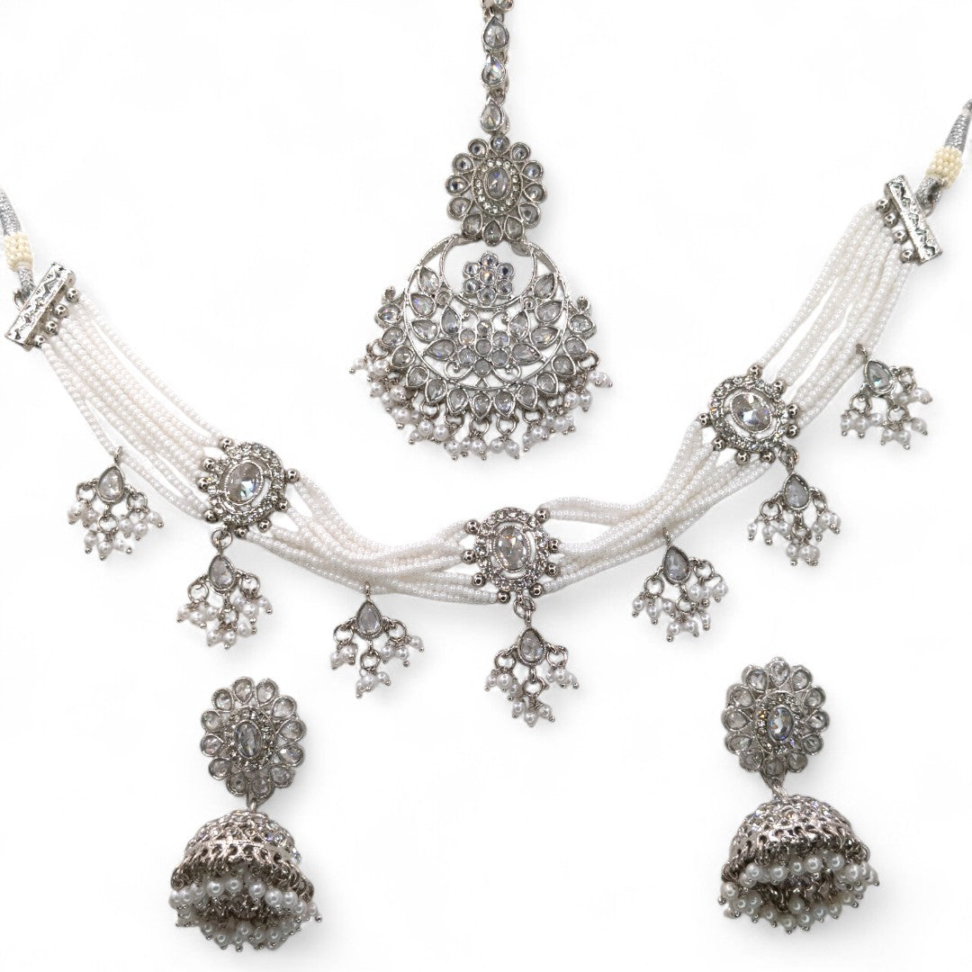 Polki  Choker Halskette  mit Ohrringe & Tikka | silber