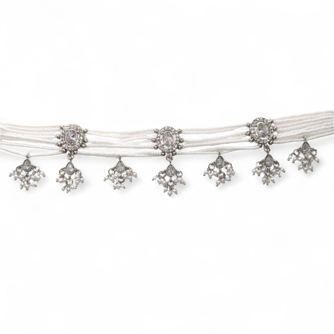 Polki Silver Choker Necklace | with Earrings &amp; Tikka
