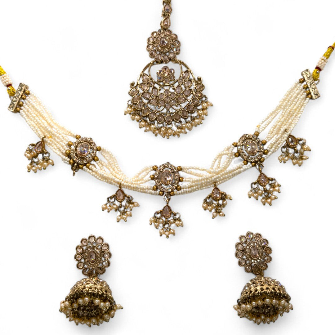 Polki Silver Choker Necklace | with Earrings &amp; Tikka