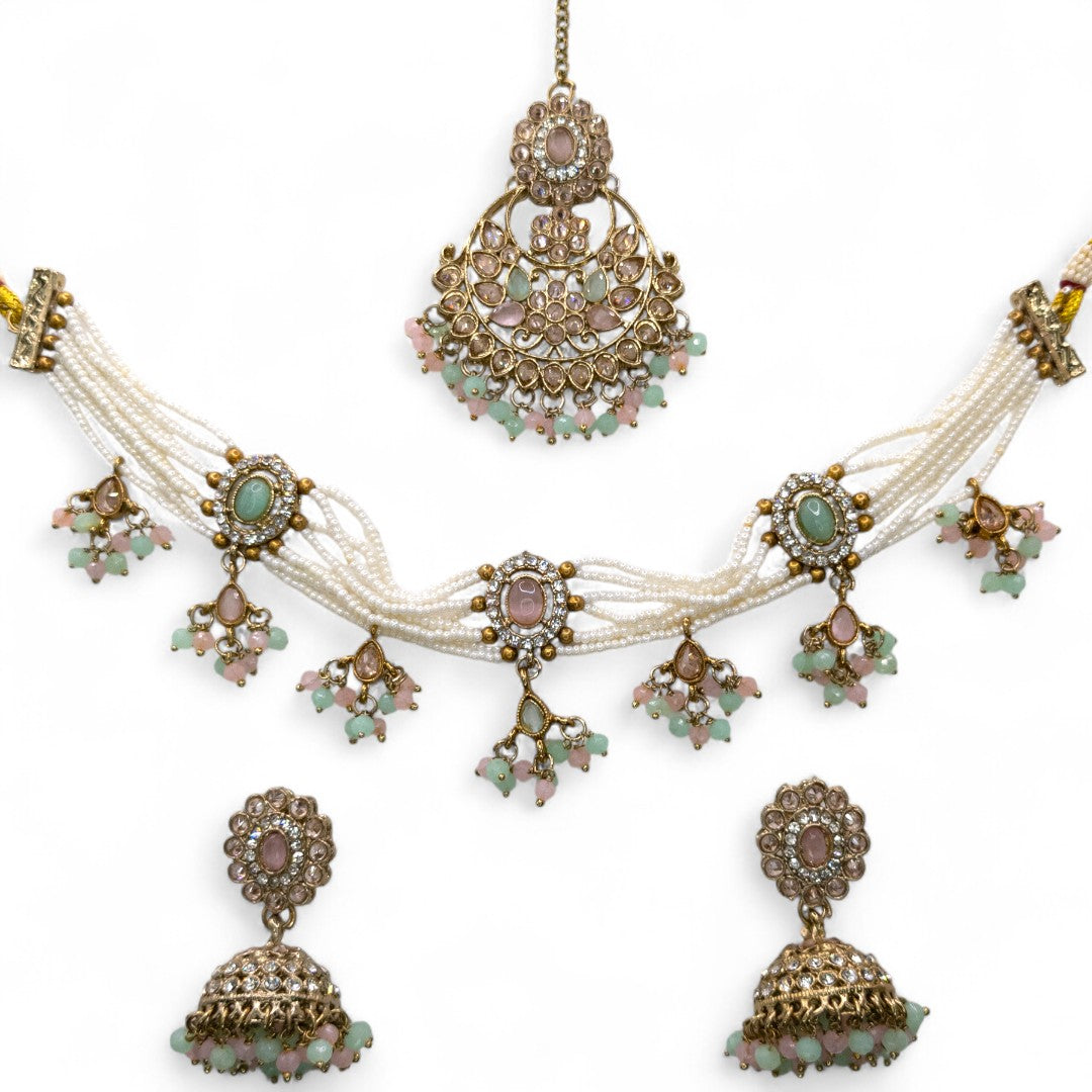 Polki Silver Choker Necklace | with Earrings &amp; Tikka