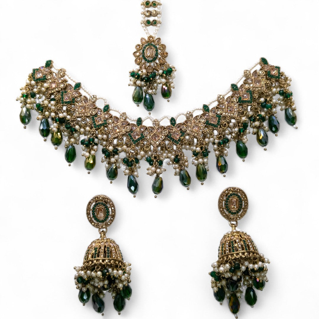 Polki Silver Choker Necklace | with Earrings &amp; Tikka
